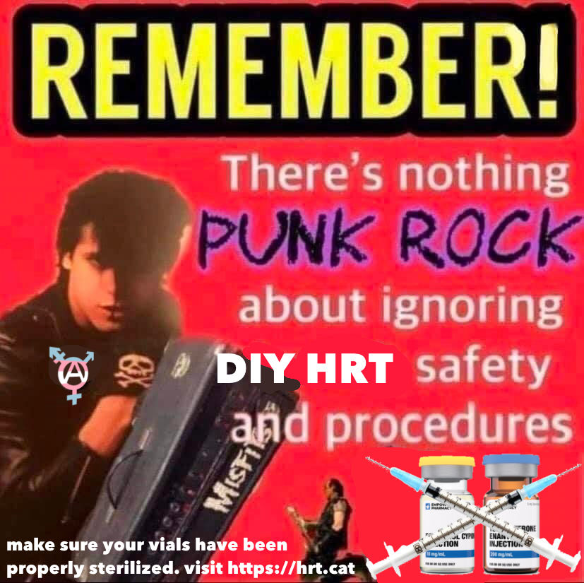 A meme about DIY HRT safety. The text reads: REMEMBER! There's nothing PUNK ROCK about ignoring DIY HRT safety and procedures / make sure your vials have been properly sterilized. visit https://hrt.cat