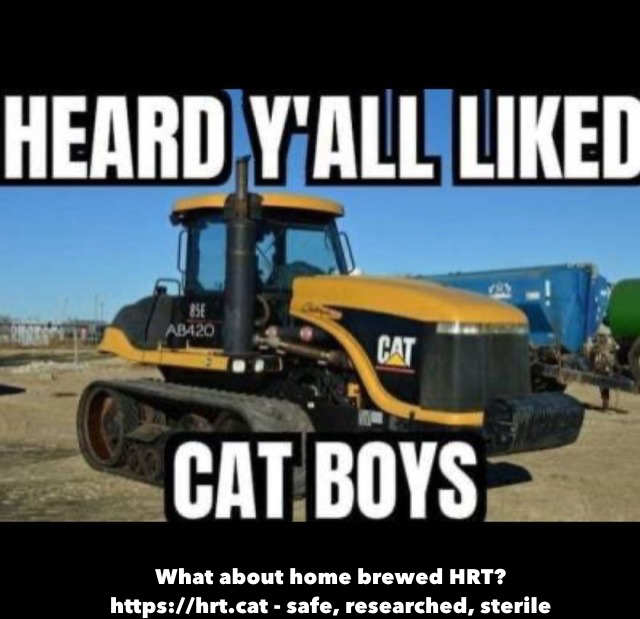 A meme about homebrewed HRT. The image shows a Caterpillar tractor. The text reads: HEARD Y'ALL LIKED CAT BOYS / What about home brewed HRT? https://hrt.cat - safe, researched, sterile